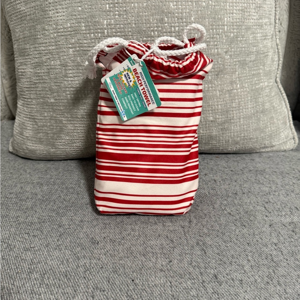 Red and White Striped Beach Towel  With Bag